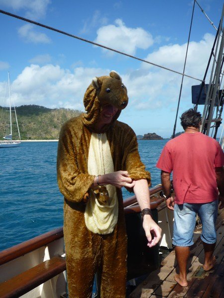 Jerome wears a roo suit to rope jump