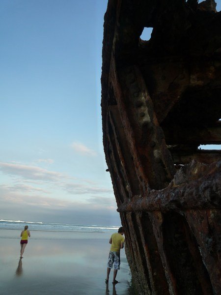 Exploring the sea-facing side of Maheno shipwreck