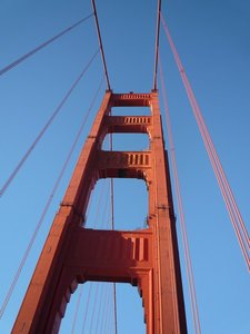 Looking up, crossing Golden Gate Bridge, SF