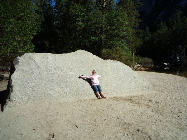Playing on the dry sand bed of Mirror Lake, Yosemite