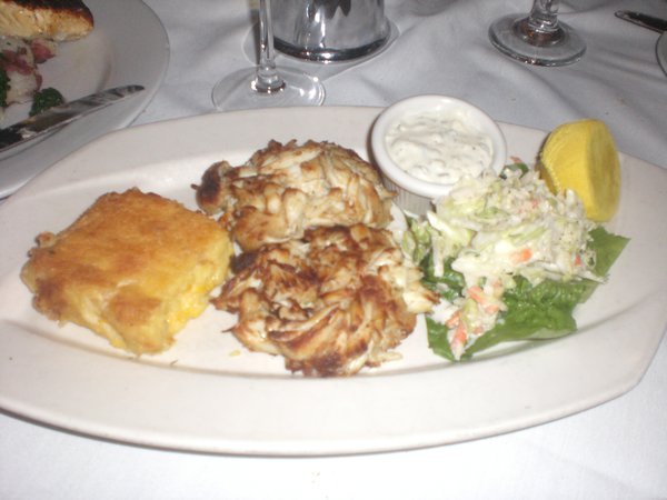 Crab Cakes with Corn Pudding and Colslaw