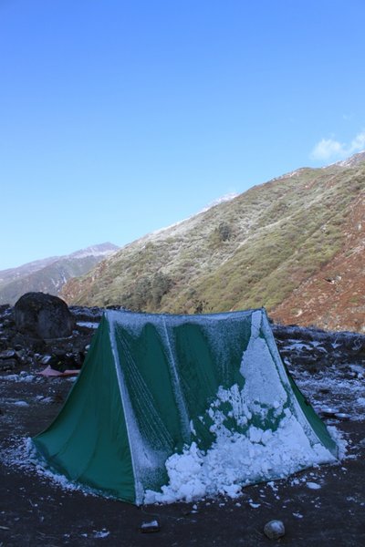 Our tent in the morning at Thansing