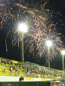 Fireworks signal the start of the Samba parade