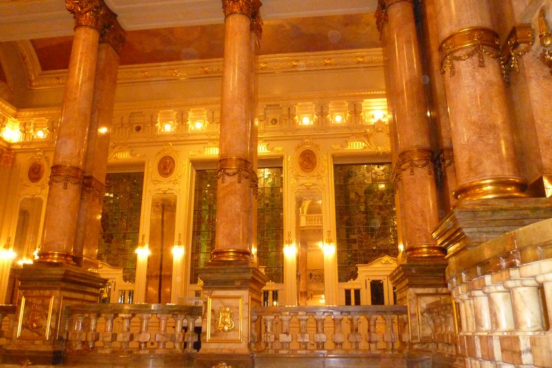 Stained glass, gold and marble interior of Teatro Municipal
