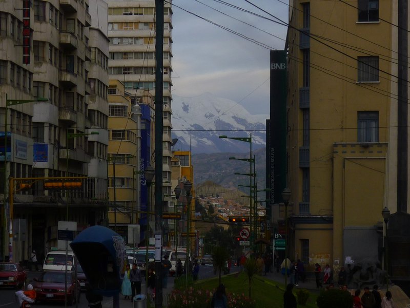 Illimani Mountain through the La Paz streets