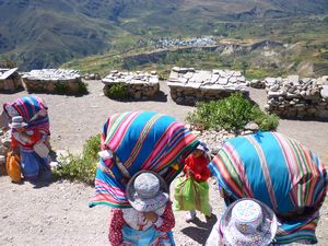 Traditional Arequipena women with huge bundles on their backs