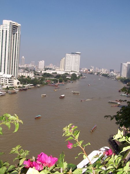 View down Chao Praya River from balcony of room