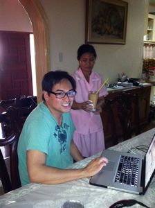  Our maid Cristina making my protein fresh mango shake before my run, as I finish this blog post!