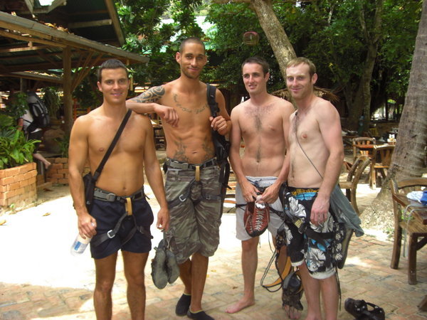 The lads after a mornings climb.  3 of us went to the Lagoon, 1 went to bed (Barry far right).