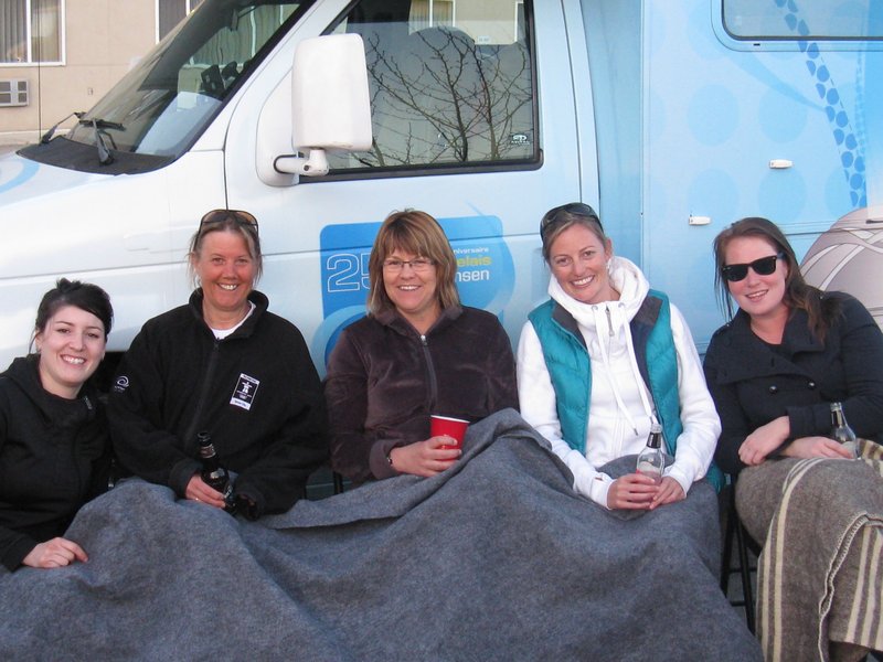 Vanessa, Marilyn, me, Jane and Kayla staying warm as we watch the sunset over the mountains in Golden.