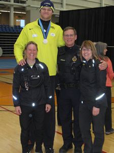 Medal Bearer Greg (4ft, 38inches) and his dad Mike(police officer) with Marilyn and myself in Kamploops!