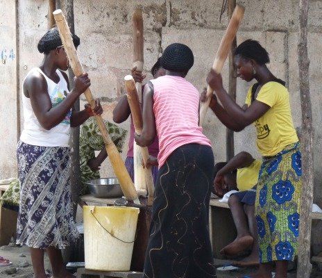 Preparing fufu, which is a combination of cassava and plantains -- 