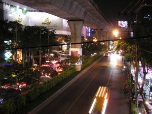 Sukhumvit Road is one of the main business streets in Bangkok. The Skytrain goes right down the middle.