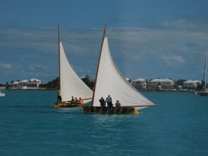 Traditional Bahamian boats preparing to race in George Town.