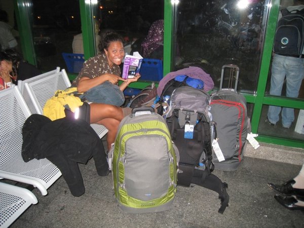 At the bus station... do you think we  have enough stuff?