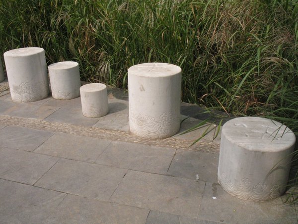 Stone seating area along the lake