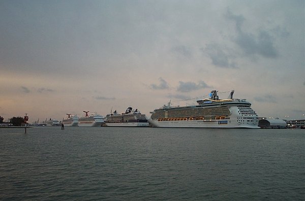 Cruise ships lined up on Government Cut in Miami.