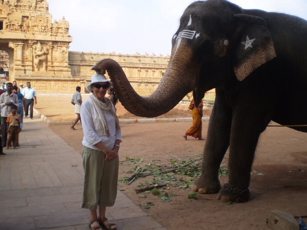 Lynne and the elephant at the temple