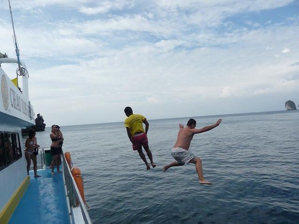 Ian jumping off the 3rd story of the boat on Ko Phi Phi