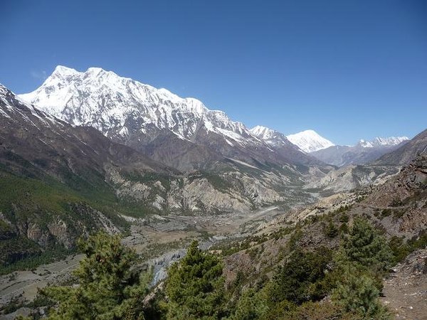 The Annapurnas and river valley from the high road to Manang