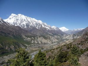 The Annapurnas and river valley from the high road to Manang