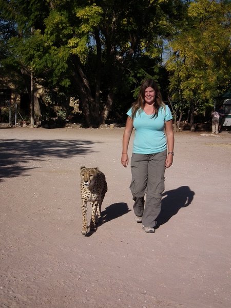 Rachel walking with a Cheetah