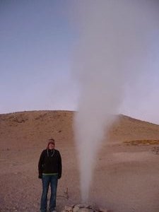 Rachel by a geyser in the Salt Flats