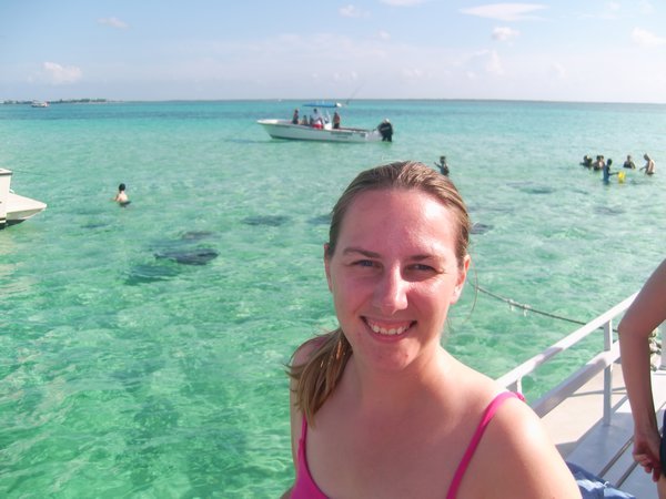 Arriving at Stingray City (still smiling since I had not gotten in the water yet!)