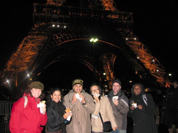 Now referred to as "The Gang" eating crepes under Eiffel Tower.