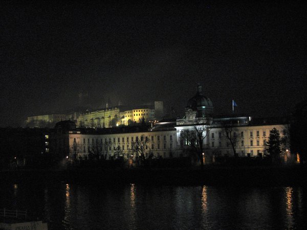 The castle at night.