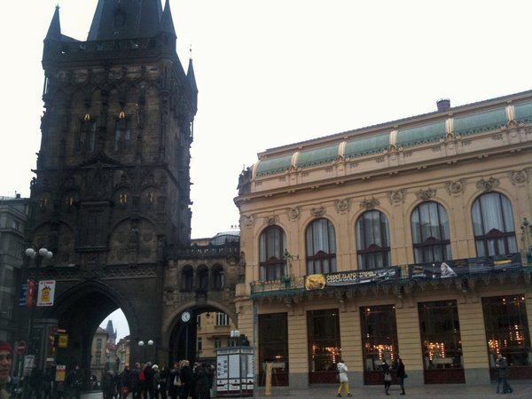 The far end of Obecni Dum and next to it is one of the remaining Prague watchtowers.