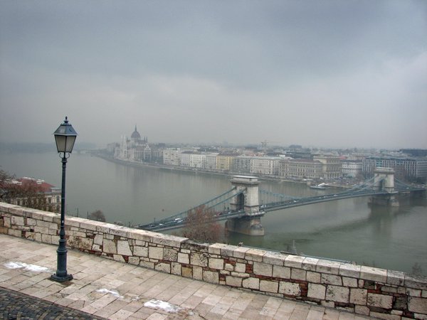From Budapest Castle, overlooking the River Danube, Chain Bridge and Pest.