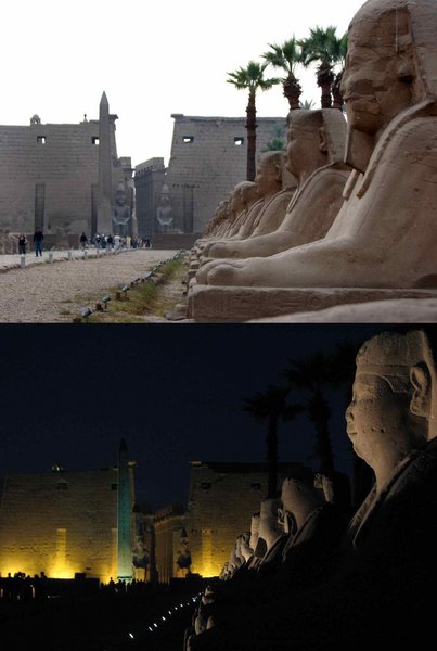Luxor and Sphinx's by day and by night.