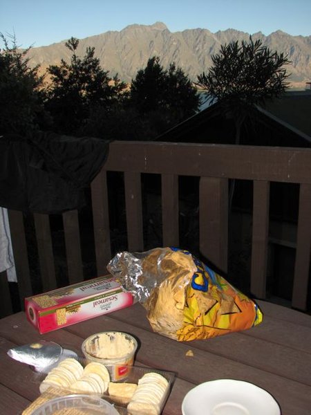 Our luxurious dinner on our balcony.