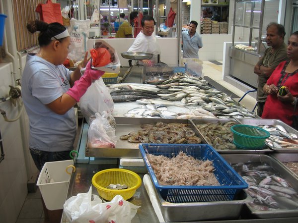 Fish and seafood stall at Tekka Wet Market