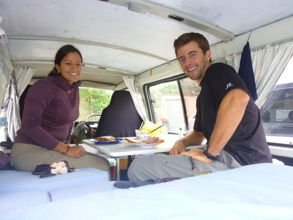 Lunch inside our campervan
