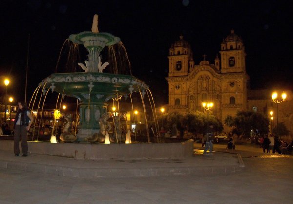 Plaza de Armas Fountain and Church at Night
