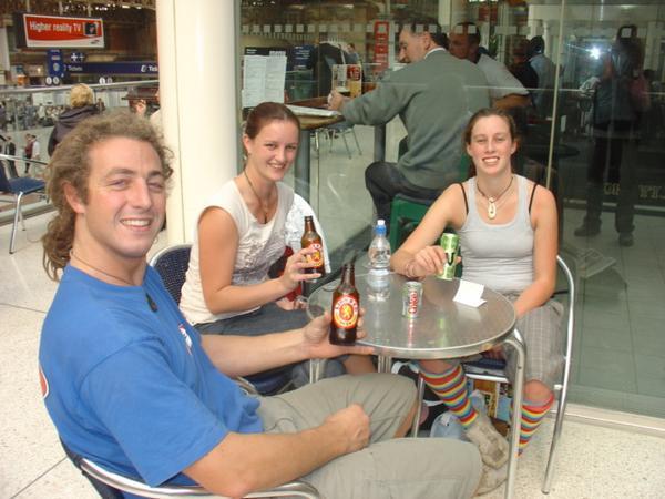 me with a couple of cuzzies, Paula and Leeza, enjoying a New Zealand beer and a catch up before they got on their plane to France
