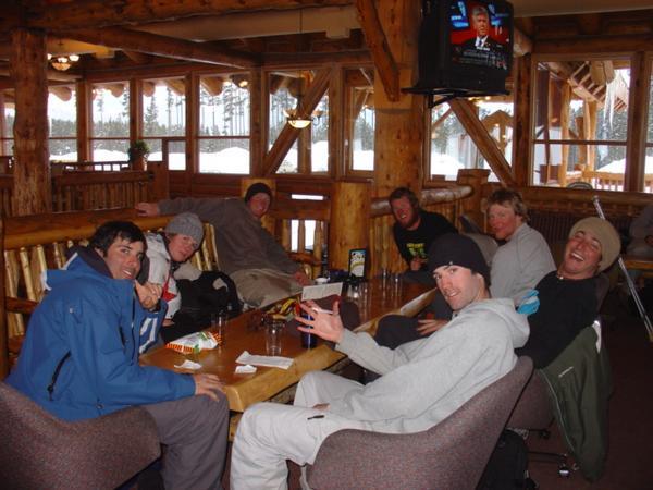 Warm-down beers at the Lake Louise Lodge