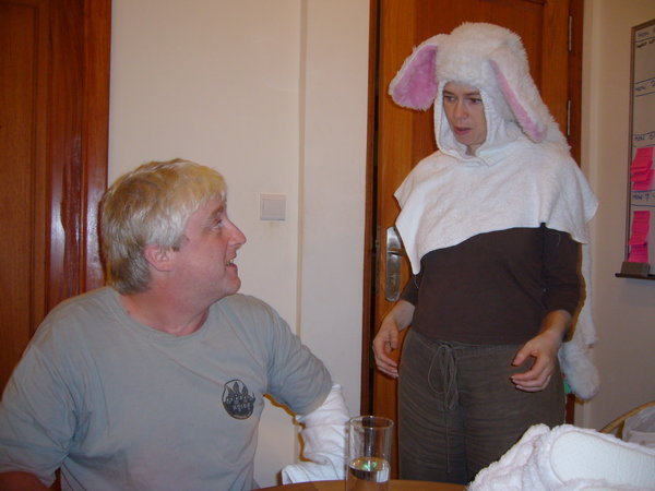 Discussing the rabbit suit