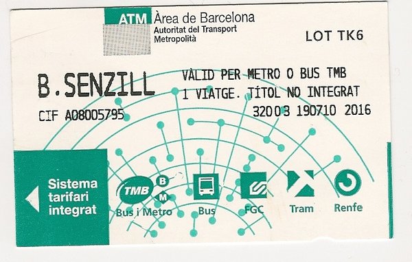 A typical Metro ticket for the Barcelona Underground