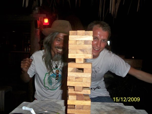 Jenga with the owner of Mr Long bar - Mr Long!