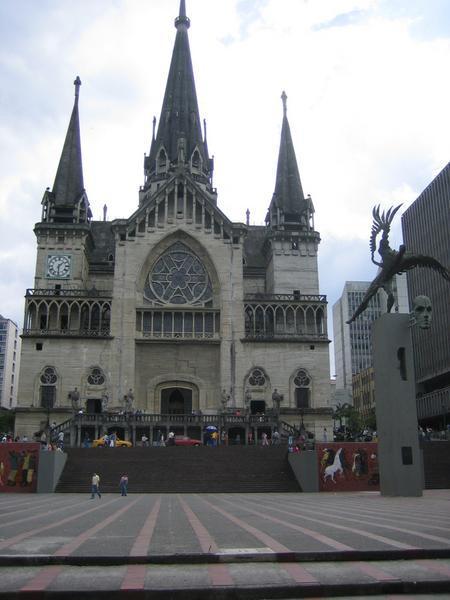 Manizales main Cathedral with Condorman statue