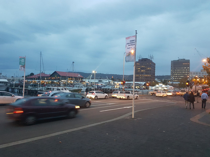 Beautiful view of a Hobart road, with the harbour in the background