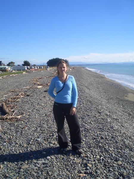 Fran at a beach at Cape Kidnappers