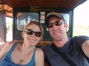 Posing on the little train in the National Park, Argentina