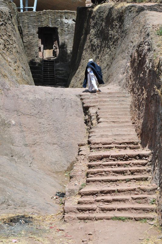 Rock-hewn steps leading to the first church, called "The Saviour of the World" in English