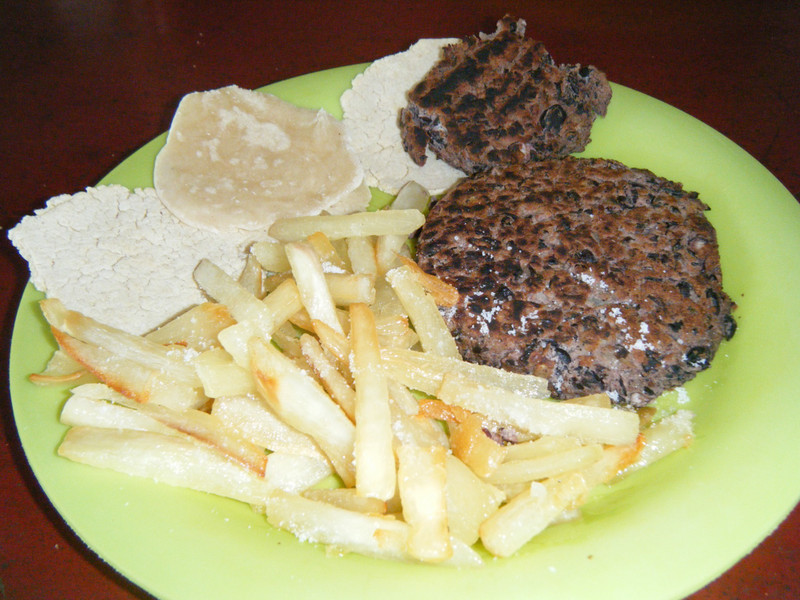 bean burgers and yucca fries