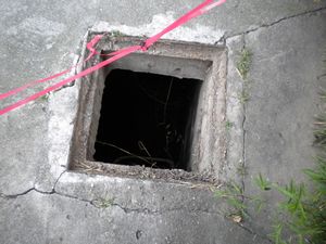 Hole in the sidewalk.