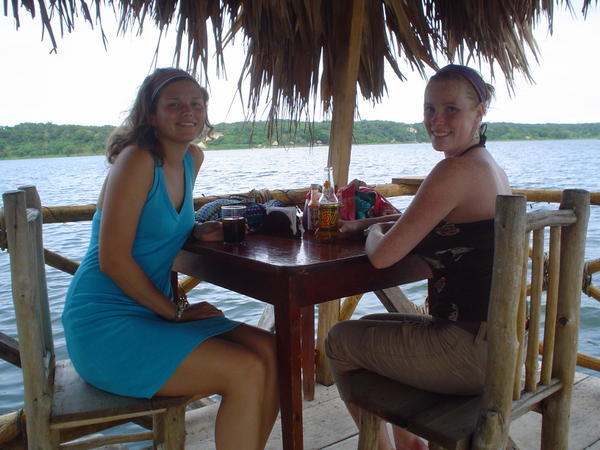Having a drink on a float on Lago de Peten